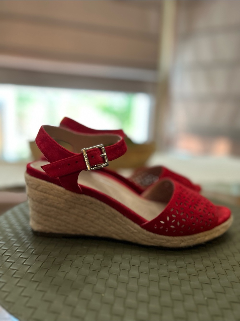 Vionic Red Suede Laser-Cut Wedge Sandals with Ankle Strap - Picture 3 of 5